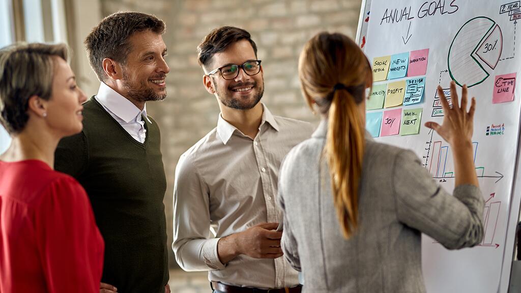 Vier mensen bespreken een whiteboard met notities in een vergaderruimte.