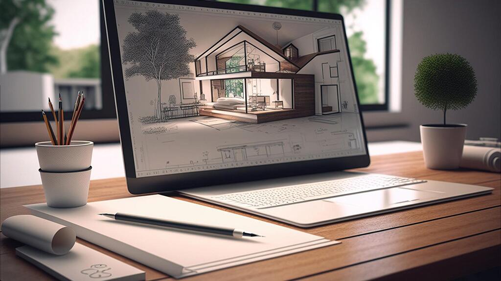 Laptop op bureau met architectuurontwerp op het scherm, naast notitieboek en plant.