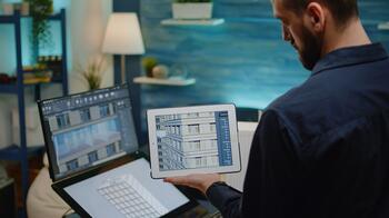 Man analyseert gegevens op tabletscherm, naast computerscherm in kantooromgeving.