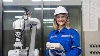 Technicus in blauwe overall met helm bedient robotarm in laboratorium.