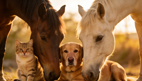 Kat, hond en twee paarden samen, zonsondergang op achtergrond.