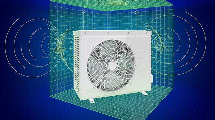 Wit apparaat met ventilator in digitale blauw-groene achtergrond.