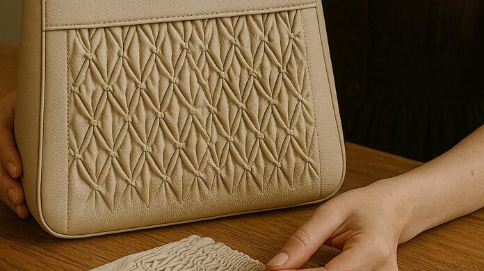 Beige handtas met gevlochten patroon op houten tafel.