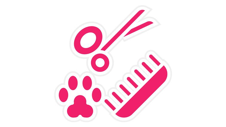 Roze grafische iconen van schaar, pootafdruk en kam.